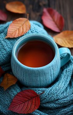 a cup of tea sits on a blanket with leaves around it and is surrounded by fall colored leaves