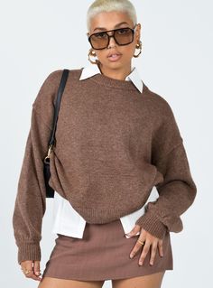 Sweater  Relaxed fit  Princess Polly Exclusive   This product is PETA-Approved Vegan Princess Polly Lower Impact   97% reclaimed polyester 3% elastane  Soft knit material  Drop shoulder  Fitted cuffs  Good stretch  Unlined Vegan Clothing, Sweater Brown, Sequin Party Dress, Loungewear Sets, Knit Sweatshirt, Casual Tank Tops, Brown Sweater, Sweaters Knitwear, Sustainable Clothing