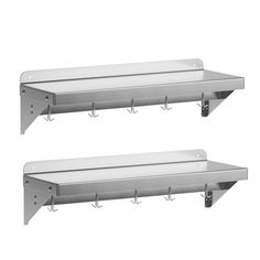 two stainless steel shelfs with hooks on them