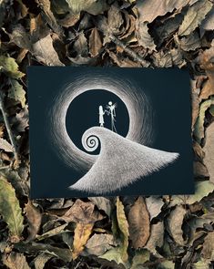 a drawing of two people standing on top of a wave in the middle of leaves