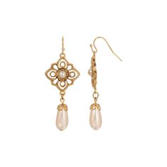 Accessorize in style with these 1928 Gold Tone Filigree Faux Pearl Drop Earrings. Accessorize in style with these 1928 Gold Tone Filigree Faux Pearl Drop Earrings. FEATURES Dimensions: 57 mm x 22 mm Backings: fishhook Nickel safe Metal: alloy Material: acrylic Plating: gold tone Finish: polished Not appropriate for children 14 years old and younger. Size: One Size. Color: White. Pearl Drop Earrings, Pearl Drop, Faux Pearl, Gender Female, In Style, Jewelry Earrings Dangle, Gold Jewelry, Age Group, Gold Tones