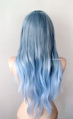 "© 2015 Kekewigs This hairstyle is created by Keke in 2015, the images are copyrighted. Please do not use the photos for commercial purposes. Color: Pastel Grayish Blue Ombre Hairstyle: Straight hair with soft layers Part: Free part Overall length: 28\" Bangs Length: 13\" Cap Size: Average Cap Circumference: 22.5\" can be adjusted to 22\"-23\" Cap Construction: Capless cap - Open weft cap with adjustable straps Hair type: Premium Futura heat friendly synthetic hair ^-^ Please check the shop poli Light Blue Ombre Hair, Blue Ombre Wig, Light Blue Ombre, Short Blue Hair, Dark Purple Hair, Dyed Hair Blue