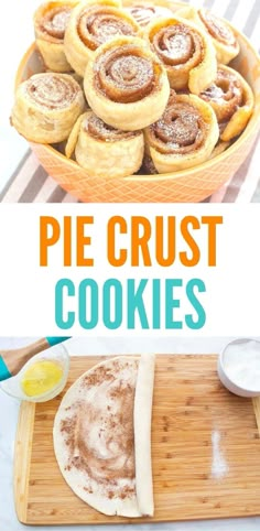 the recipe for pie crust cookies is shown in this collage with text overlay