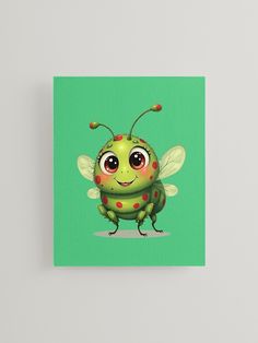 a green and red insect with big eyes on it's face is standing in front of a white wall