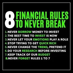 the 8 financial rules to never break are shown in green and black text on a black background