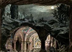 an illustration of a cave with arches and paintings on the walls, in front of a full moon