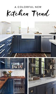 the kitchen is painted blue and has gold trimmings on the cabinets, counter tops,