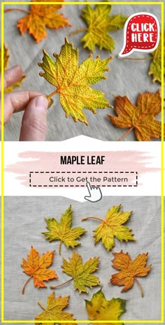 the maple leaf pattern is shown in yellow and orange, with text that reads maple leaf click to get the pattern