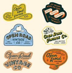 six different types of stickers are shown in this image, each with an open road sign