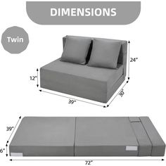 a bed with two pillows and the measurements for it