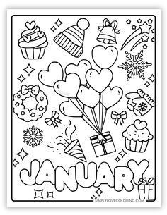 happy new year coloring page with balloons, gifts and cupcakes in black and white