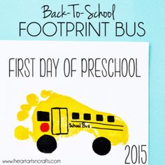 the back to school foot print bus is in front of a blue background with black and white lettering