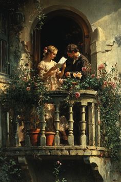 a painting of two people standing on a balcony with flowers and greenery around them