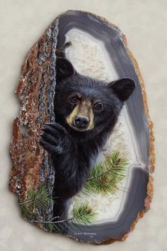 a painting of a black bear peeking out from behind a piece of wood with pine needles on it