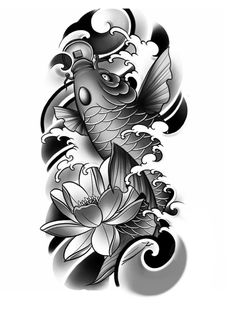 a black and white drawing of a koi fish with water lilies on it