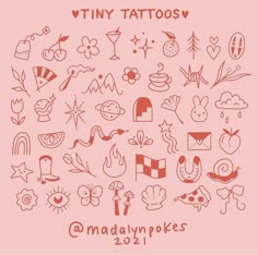 various tattoos on a pink background with the words'tiny tattoos'written in red