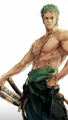 an anime character with green hair and no shirt holding two tennis racquets