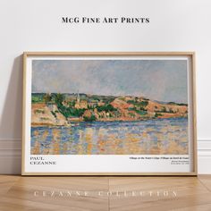 a painting is displayed on the wall next to a wooden frame that reads mcg fine art prints