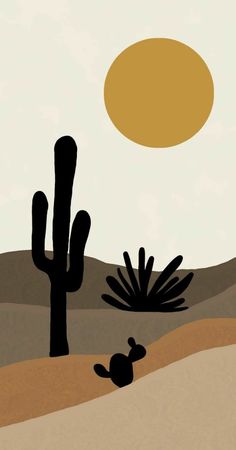 a desert scene with cactus and sun in the background