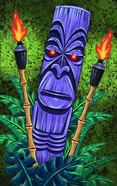 a painting of a tiki with two torches in his hand and fire coming out of its mouth