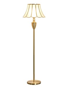 a floor lamp with a white shade on top and a gold base, in the shape of a flower