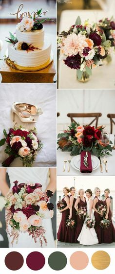 wedding color palettes for the bride and groom in burgundy, white, gold and green