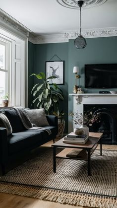 a living room filled with furniture and a flat screen tv on top of a fireplace