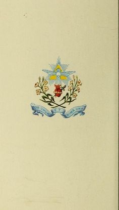 the coat of arms is shown in blue and yellow on a white background with a ribbon around it