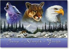 an eagle and two wolfs in the snow