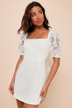 You'll cast an adorable spell when you wear the Lulus Charming Potential White Organza Backless Puff Sleeve Mini Dress! Lightweight mesh fabric shapes short puff sleeves (with elastic at the cuffs and shoulders) that feature an embroidered floral design with sparkly sequin accents. Airy woven organza forms the dress, shaping a bodice with a square neckline, fitted waist, and chic pleated detailing. At the back, a wide sash forms an oversized bow across the open back. Skirt has a figure-skimming Reception Outfit Change, High School Graduation Dress, Cute Graduation Dresses, Graduation Dress High School, Organza Mini Dress, Grad Dress Ideas, Bridesmaids Heels, White Backless Dress, Confirmation Dresses