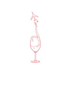 a drawing of a wine glass with an airplane coming out of the top, on a white background