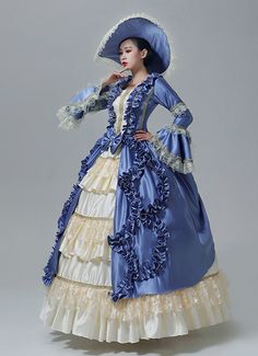 Renaissance Blue Victorian Lolita Dress for Women  Color:Blue  Material: This dress made of High Quality Satin, soft,smooth and comfortable to wear  Sleeve Length:  Long Sleeve  Dresses Length:Floor Length  Neckline:  Square Collar  Decoration: Ruffles + Lace  Package Includes:  Dress + Hat    The length of skirt about 45 inches (114 cm) long from waist to hem regardless of size. This dress is pictured with a 6-hoop skirt Petticoat underneath to achieve the look. Petticoat are NOT INCLUDED Masquerade Party Dresses, Gothic Victorian Dresses, Southern Belle Dress, Rococo Dress, Antoinette Dress, Christmas Carnival, Hoop Skirt, Party Dresses Online, Flare Sleeve Dress