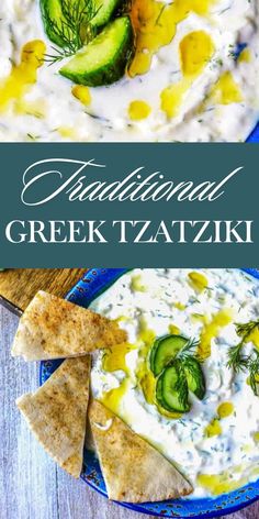 greek dip with cucumber and dill in the middle on a blue plate