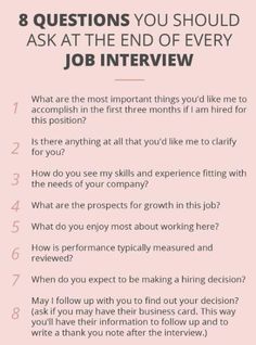 a pink poster with the words 8 questions you should ask at the end of every job interview