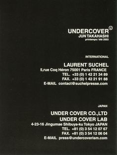 a black and white business card with the words undercover written on it