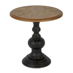 a round wooden table with metal base