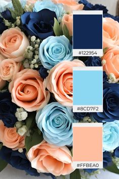 a bouquet with blue, peach and white flowers in it's color swatches