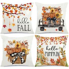 four pillows with pumpkins and fall decorations on them