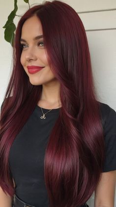 Burgundy Hair With Curtain Bangs, Bright Dark Red Hair, Darkest Red Hair, Full Red Hair, Rich Auburn Hair Color, Red Hair Dark Skin, Dyed Hair Red, Dark Red Shades, Different Red Hair Colors