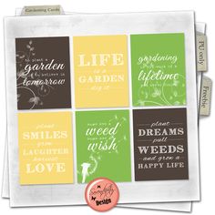 four different types of greeting cards with the words garden, life, and love on them