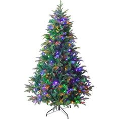 an artificial christmas tree with multicolored lights on it's base and stand