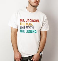 a man standing in front of a white wall wearing a t - shirt with the words mr jackson on it