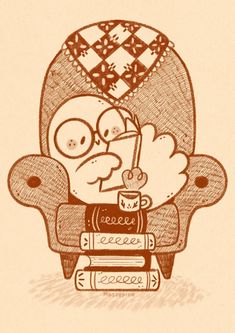 a drawing of a cartoon character sitting in a chair with books