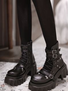 Fabric:PUShoes Details:Buckle Ankle Strap / Buckle Straps / High Block Heel / Lace-up Closure / Silver-tone Studs  	 		 			Size 			35 			36 			37 			38 			39 		 		 			Foot Length 			22.5 			23 			23.5 			24 			24.5 		 		 			Heel 			8 			8 			8 			8 			8 Alt Style Outfit, Emo Boots, Gothic Dresses, Grunge Boots, Platform Boots Chunky, Black Grunge, Gothic Clothing, Block Heel Boots, Black Boots Women