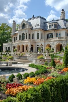 a large white house with lots of flowers in the front yard and landscaping around it