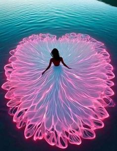 a woman is floating in the water with her arms spread out to form a heart