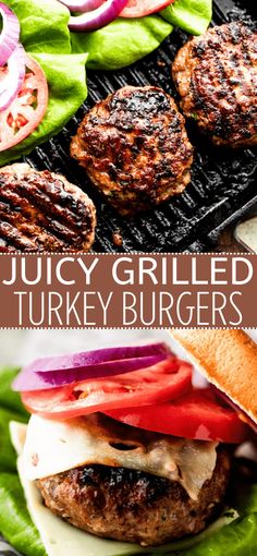 juicy grilled turkey burgers with lettuce, tomatoes and onions on the grill