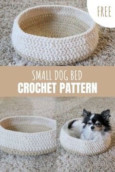 small dog bed crochet pattern is shown in three different sizes and colors, with the