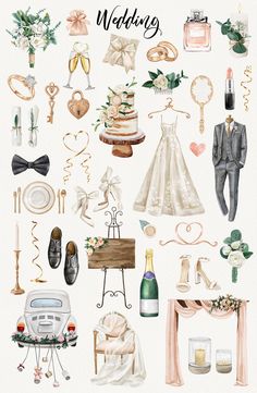 a bunch of wedding items on a white background