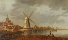 a painting of a windmill in the middle of a river with boats and people on it